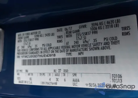 2017 Ford Escape Se из США, поврежденный, VIN 1FMCU0GD7HUE43918